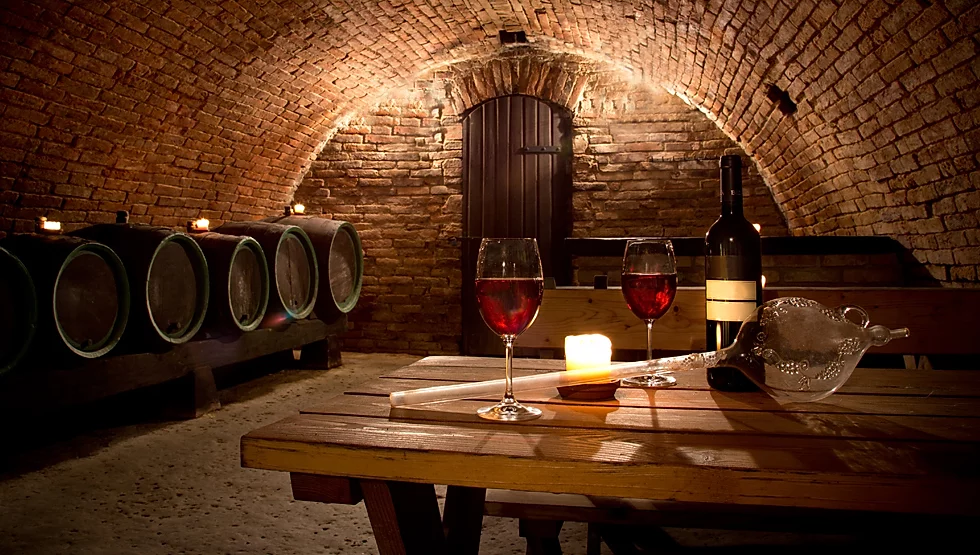 Wine tasting in an underground winery cellar